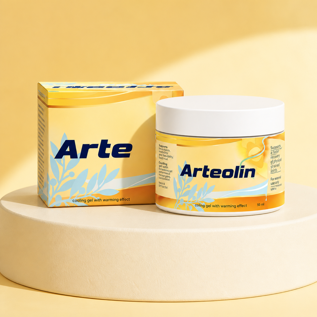 Kelímek a papírová krabička kosmetického gelu Arteolin 50 ml na citronově žlutém pozadí